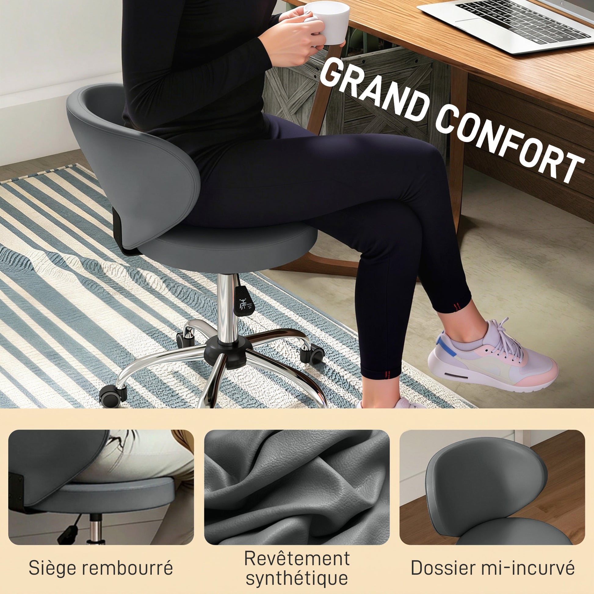 Tabouret à roulettes, tabouret de massage en PU avec hauteur réglable 73-88 cm et dossier, pivotant 360°, gris