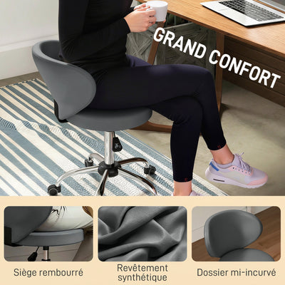Tabouret à roulettes, tabouret de massage en PU avec hauteur réglable 73-88 cm et dossier, pivotant 360°, gris