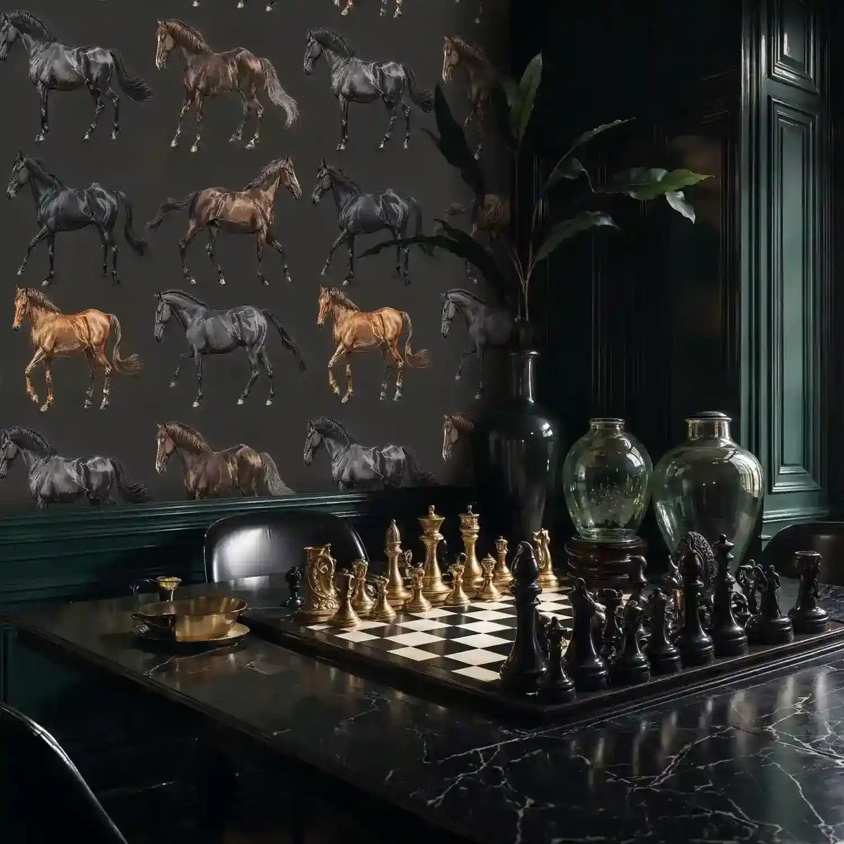 Equestrian Horses Wallpaper in Black and Brown