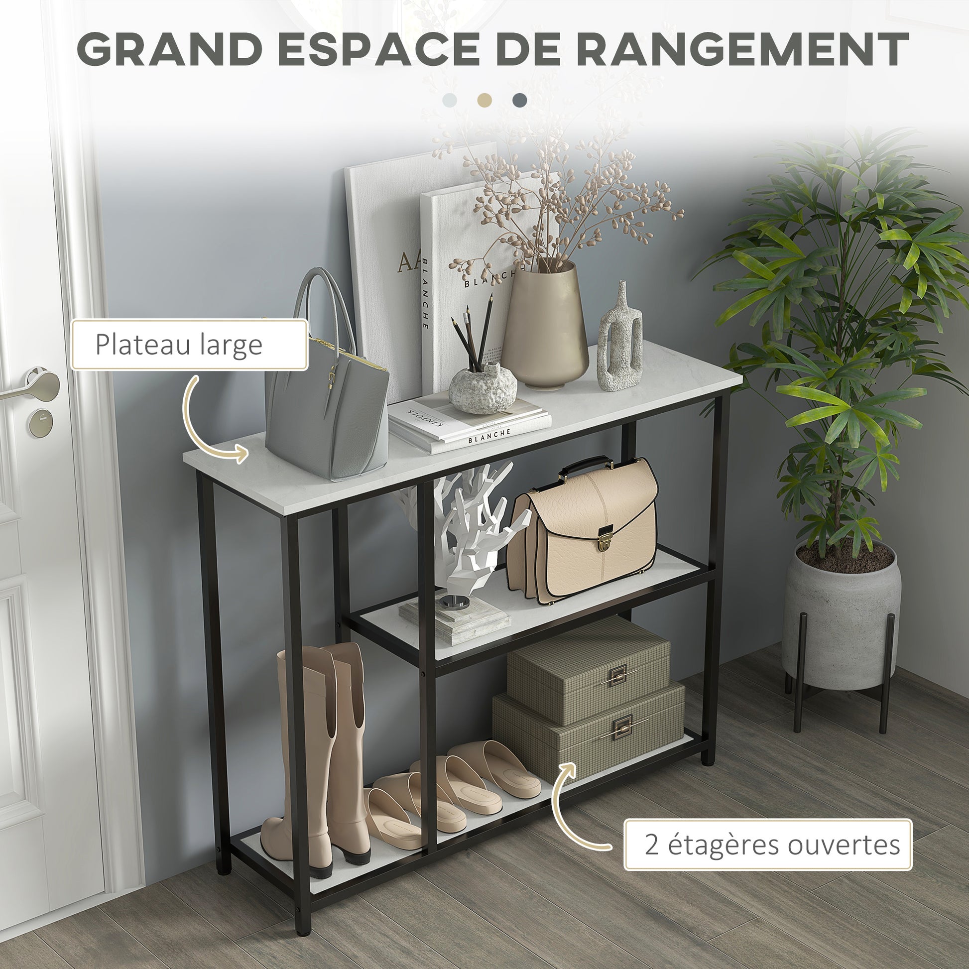 Console meuble 100 cm, table console 3 niveaux, plateaux en effet marbre, cadre en acier, blanc