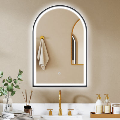 Miroir Salle de Bain avec Éclairage 60 x 90 cm, Miroir LED Arqué, Anti-Buée, 3 Couleurs Lumière, Dimmable, Mémoire, Noir
