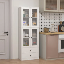 Buffet haut cuisine, armoire de cuisine avec portes vitrées, tiroirs et étagères réglables, 59x30x170cm, blanc brillant