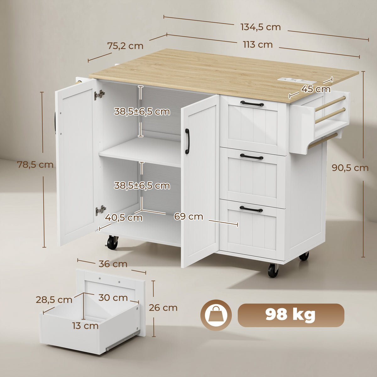 Îlot Central Cuisine avec Plateau Rabattable 2 Prises et 2 Ports USB Desserte de Cuisine sur Roulettes 3 Tiroirs Blanc