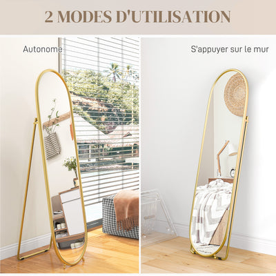 Grand miroir sur pied, miroir ovale, cadre en métal doré, avec support pour entrée, chambre, dressing, 40 x 160 cm