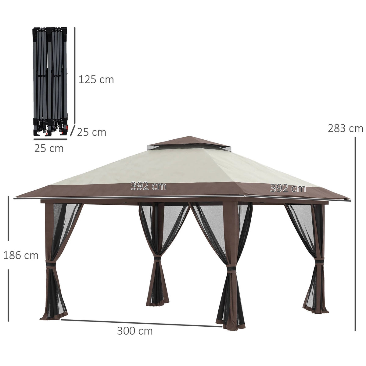 Pavillon pliant, réglable en hauteur, 4 parois en filet, beige