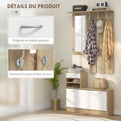 Meuble d'entrée vestiaire avec panneau porte-manteau, miroir et banc à chaussures - 6 crochets et étagère réglable