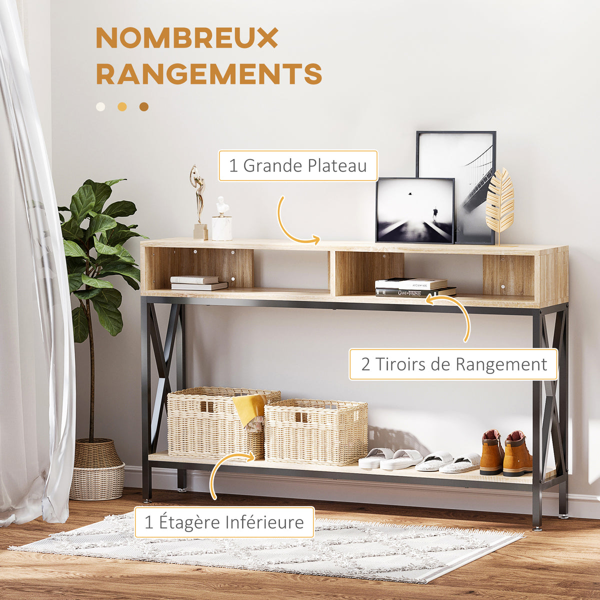 Table Console Table d'Entrée Industriel Multi-rangements 120 x 23,5 x 75 cm Bois Chêne