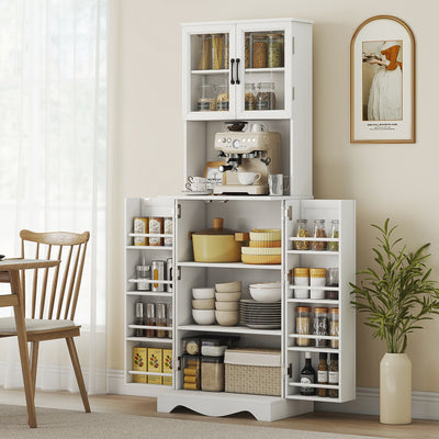 Buffet haut cuisine armoire de cuisine 4 portes 8 porte-épices plan de travail étagère réglable 60x39,5x179,6cm blanc