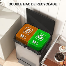 Poubelle à double compartiment 2 x 30L, poubelle cuisine à pédale, couvercle à fermeture douce, 47,5x37,5x67cm, argent