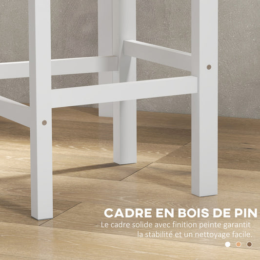 Lot de 2 chaises hautes, chaises de bar style campagne chic en bois hauteur 60 cm avec repose-pieds, blanc