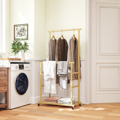 Portant à vêtements à roulettes, porte-manteau double barre en bambou avec étagère inférieure, 80x40x160cm, bois naturel