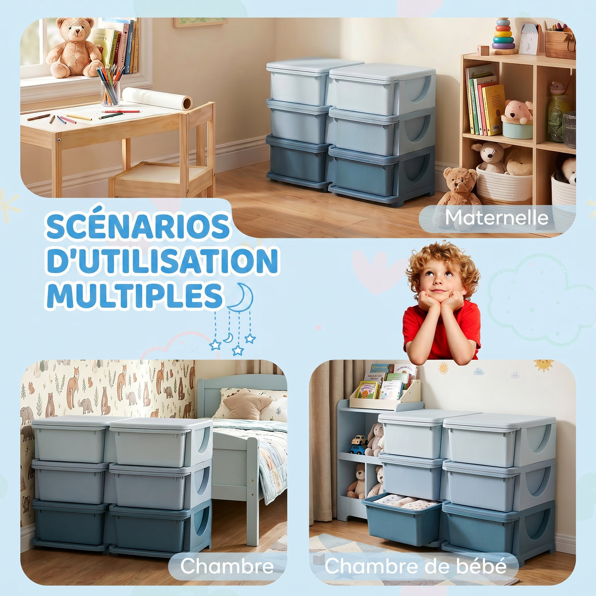 Organisateur de jouets pour enfants à 3 niveaux avec 6 tiroirs, boîtes de rangement en plastique, 75x37x56,5cm, bleu