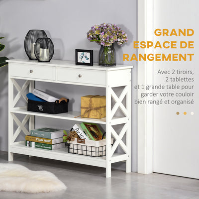 Table de console table d'entrée style table de drapier néo-rétro 2 tiroirs 2 étagères dim. 100L x 30,5l x 80H cm en bois blanc