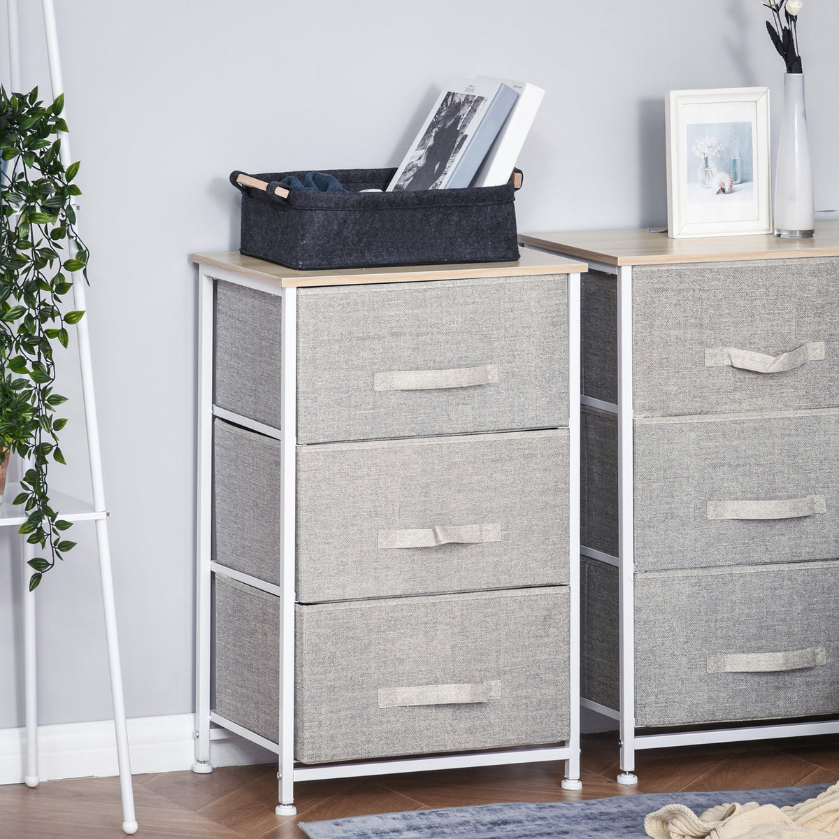 Meuble de rangement chiffonnier moderne 3 tiroirs en tissu, cadre en acier et MDF, 45 x 30 x 71 cm, gris