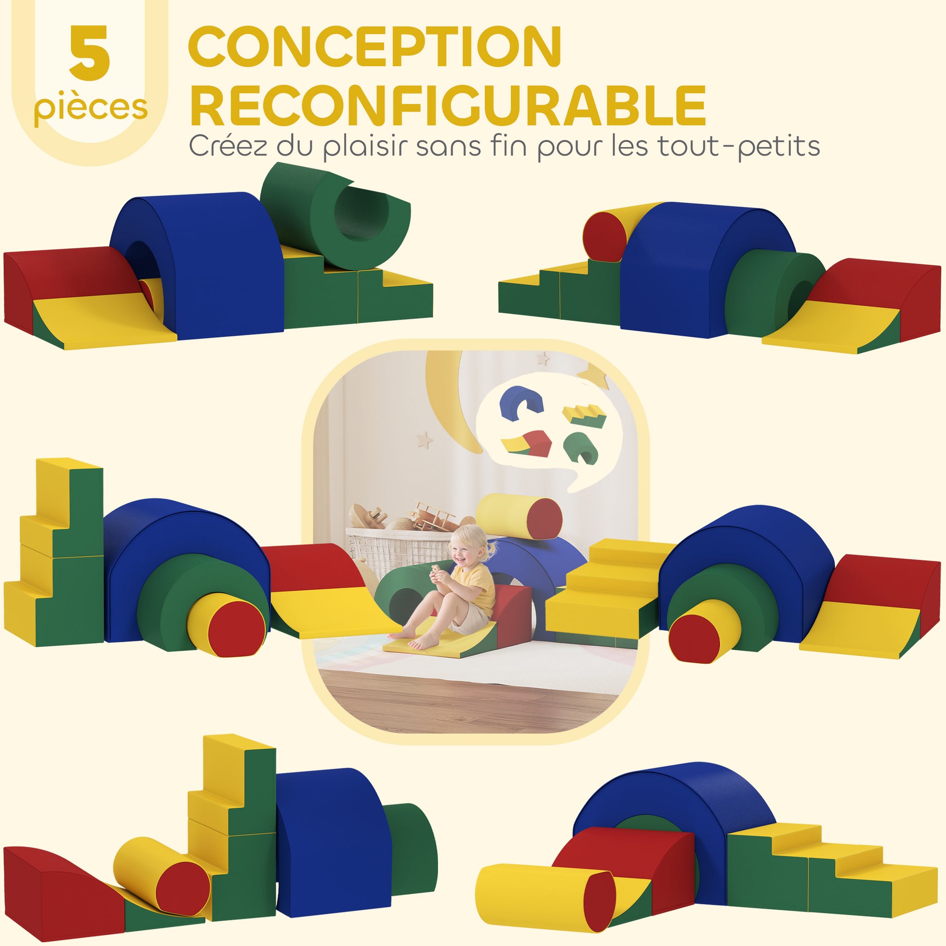 Parcours motricité enfants jouets d'escalade modulable 5 briques géantes en mousse 181 x 39 x 44 cm multicolore