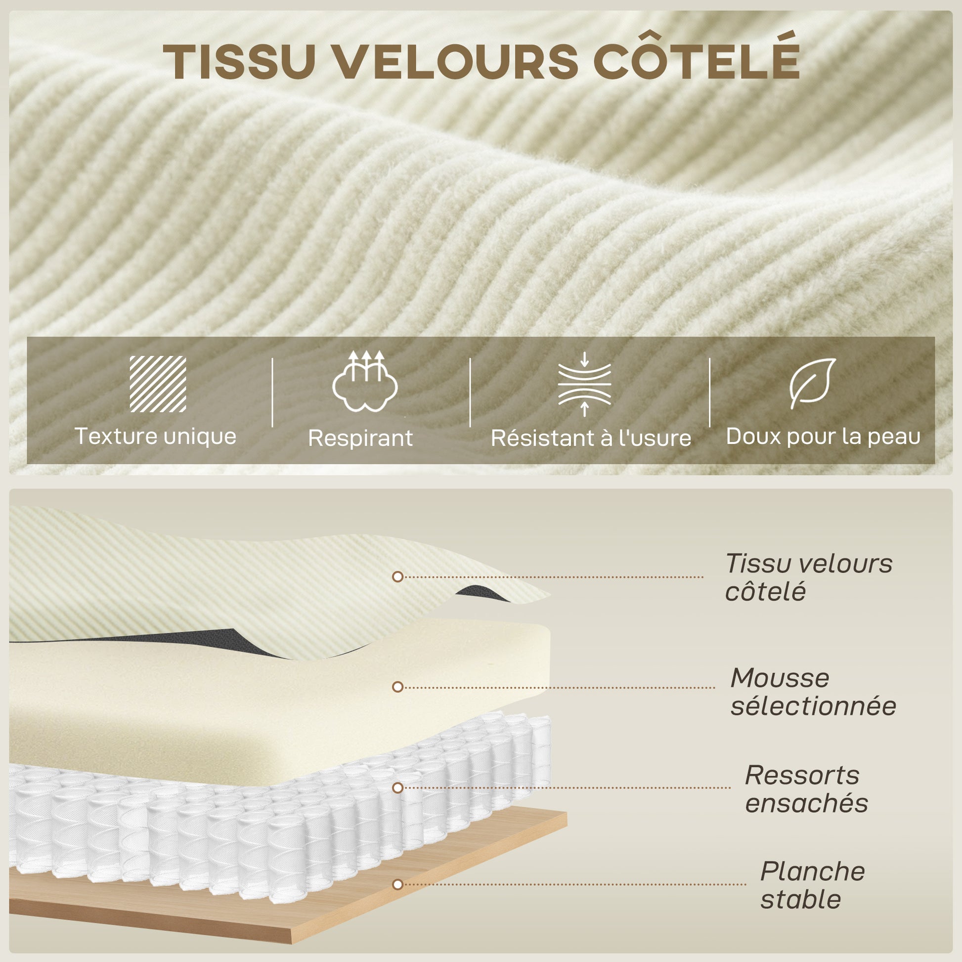 Canapé d'angle réversible 3 places moderne avec coussins inclus, tissu velours côtelé, crème