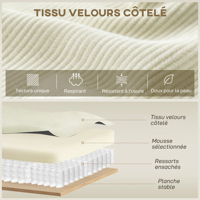 Canapé d'angle réversible 3 places moderne avec coussins inclus, tissu velours côtelé, crème