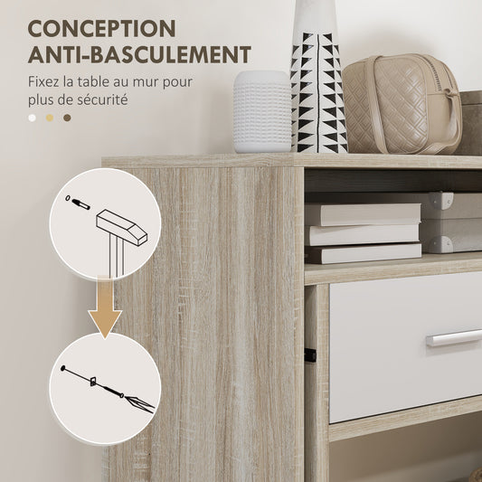 Table console avec plateau coulissant et 2 tiroirs, table de couloir avec rangement, 95l x 35P x 87H cm, aspect chêne
