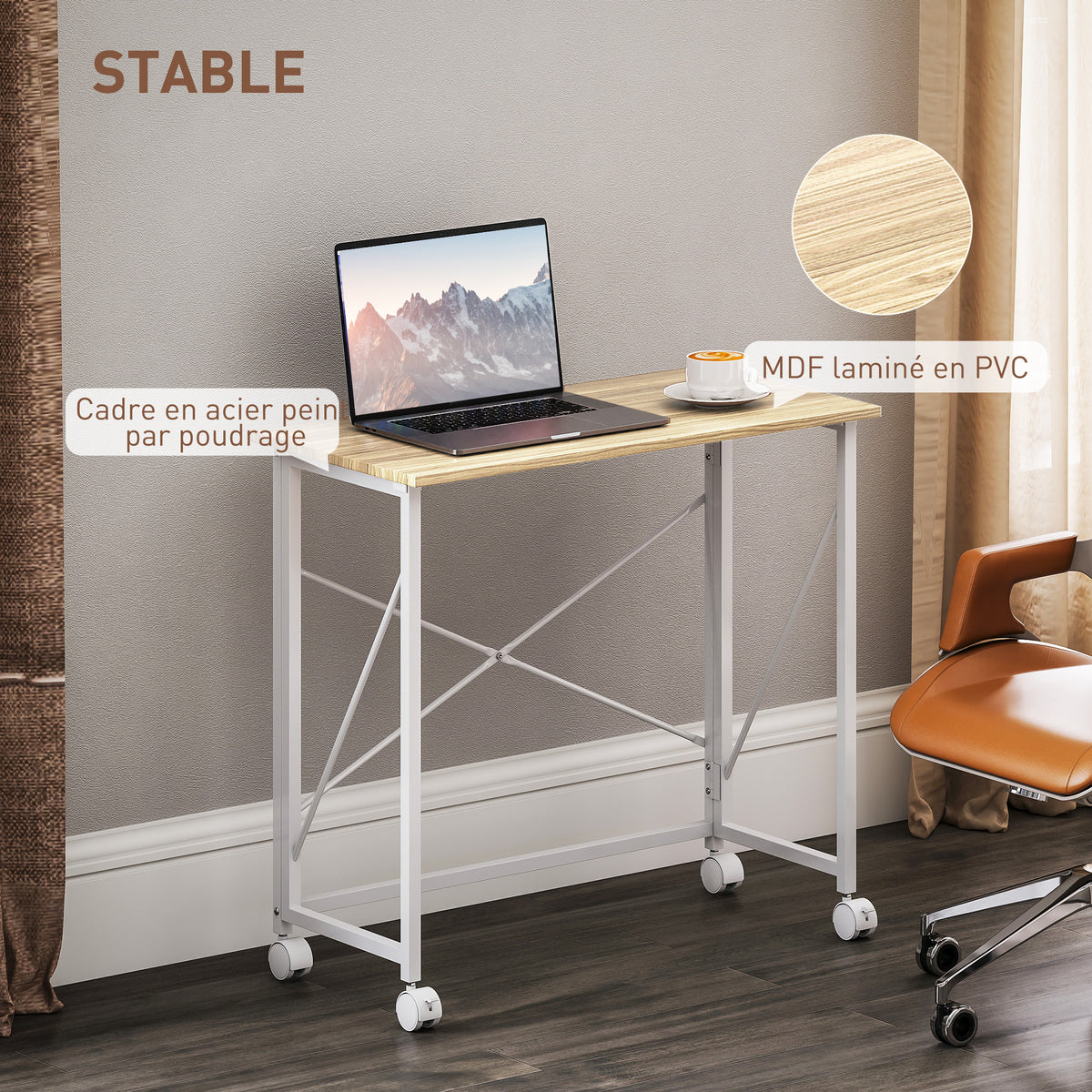 Bureau pliant table d'ordinateur 80 x 40 cm sur roulettes pour bureau à domicile, chambre, petits espaces, chêne