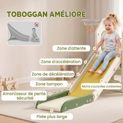Toboggan pour Enfant Pliable 5-en-1 avec Escalade, Panier de Basket, Espace de Rangement et Ballon, Crème