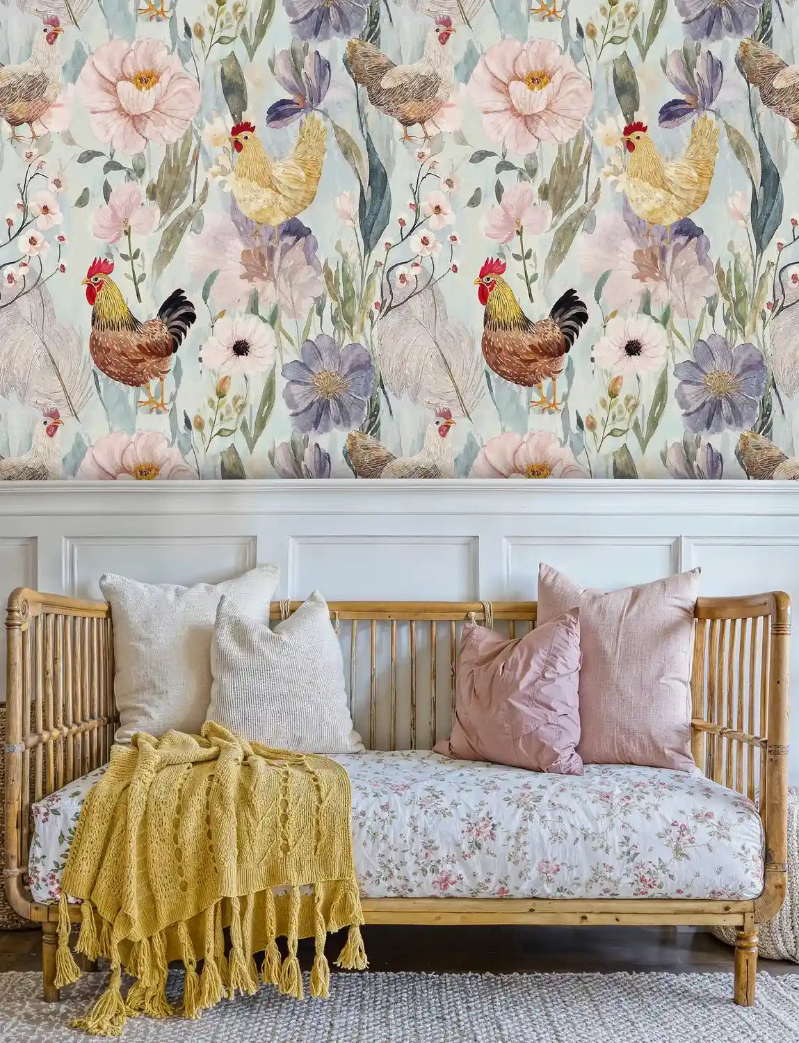 Farmhouse Chickens and Blooms Wallpaper