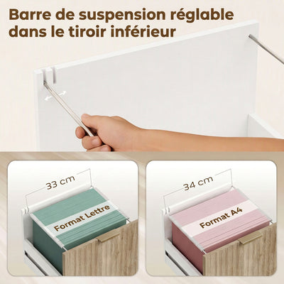 Support d'Imprimante sur Roulettes, 3 Tiroirs, 2 Étagères Ouvertes, Design Ondulé, 80x40x68cm, Blanc Chêne