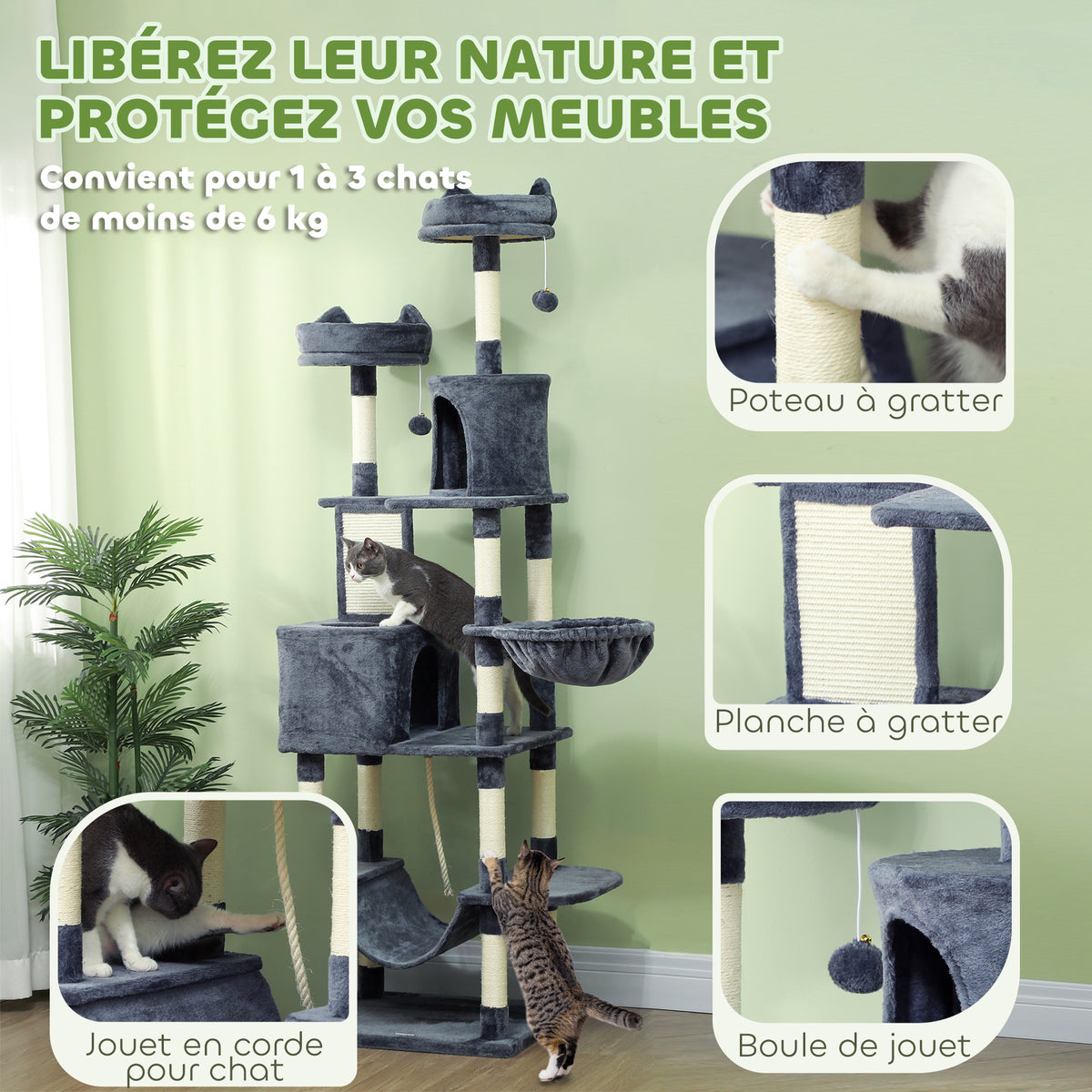 Arbre à chat 206 cm tour de jeux pour chat en peluche plusieurs niveaux idéal pour 1-3 chats 60 x 50 x 206 cm gris foncé