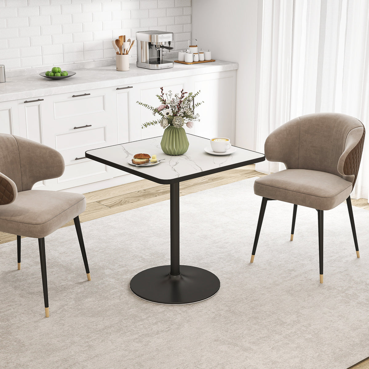 Table à manger pour 4 personnes table de cuisine style moderne avec plateau effet marbre et base ronde, 70 x 70 cm, blanc