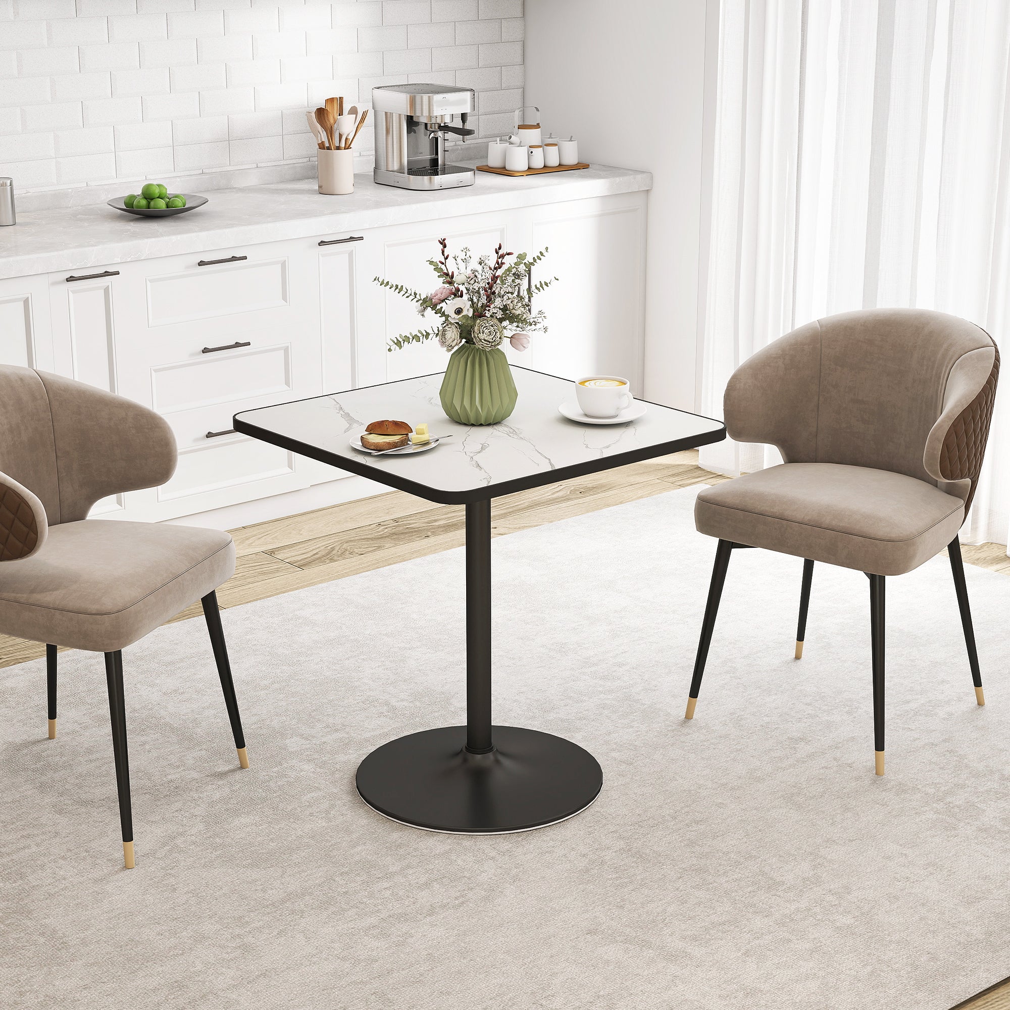 Table à manger pour 4 personnes table de cuisine style moderne avec plateau effet marbre et base ronde, 70 x 70 cm, blanc