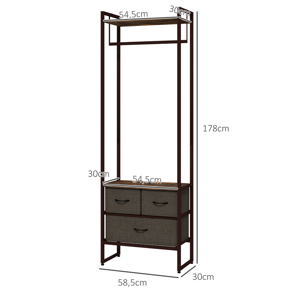 Portant à vêtements avec 3 tiroirs en tissu, étagères de rangement et tringle de suspension, 58,5 x 30 x 178 cm, marron