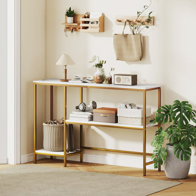 Console meuble 120 cm, table console 3 niveaux avec étagères de rangement, plateaux imitation marbre, blanc et doré