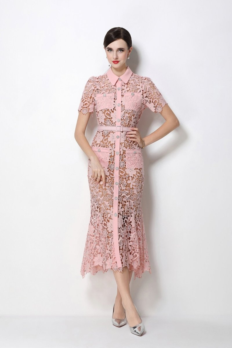 Floral Guipure Lace Point-Collar Mermaid Midi Dress with Crystal Buttons and Belt DZA