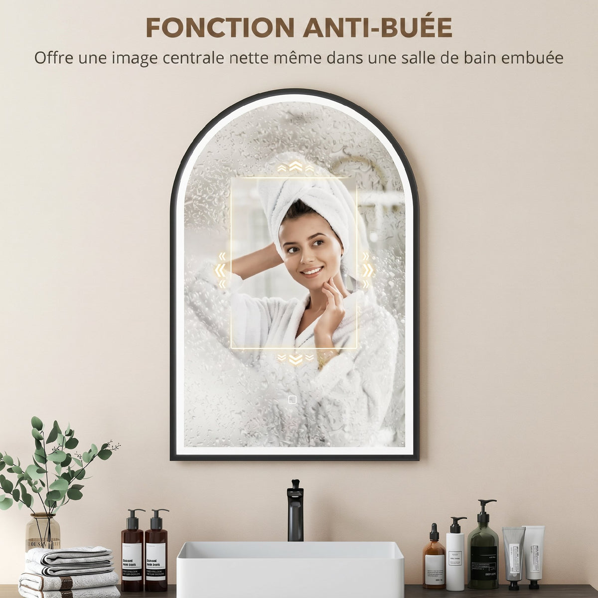 Miroir Salle de Bain avec Éclairage 60 x 90 cm, Miroir LED Arqué, Anti-Buée, 3 Couleurs Lumière, Dimmable, Mémoire, Noir