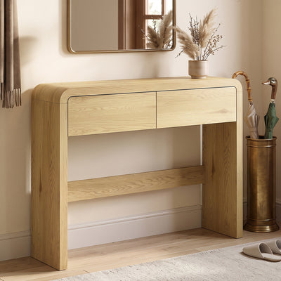 Table Console avec 2 Tiroirs, Console Meuble, 100 x 30 x 85 cm, Coins Arrondis et Plateau Épais, Bois Naturel
