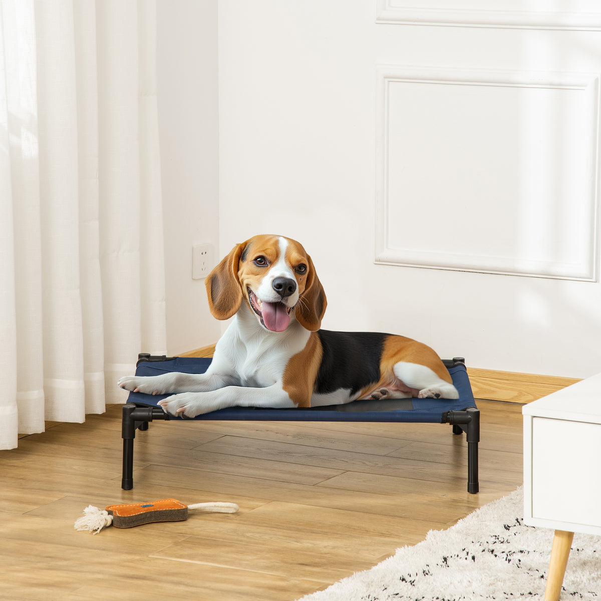 Lit pour chien chat lit de camp grand confort sur pieds tissu oxford textilène micro-perforé 76L x 61l x 18H cm bleu marine noir