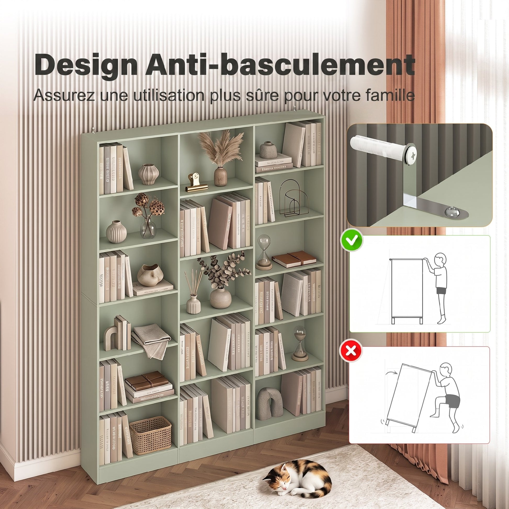 Bibliothèque 6 Niveaux, Étagère de Rangement avec 17 Compartiments et Étagères Réglables, 149 x 23,6 x 188 cm, Vert