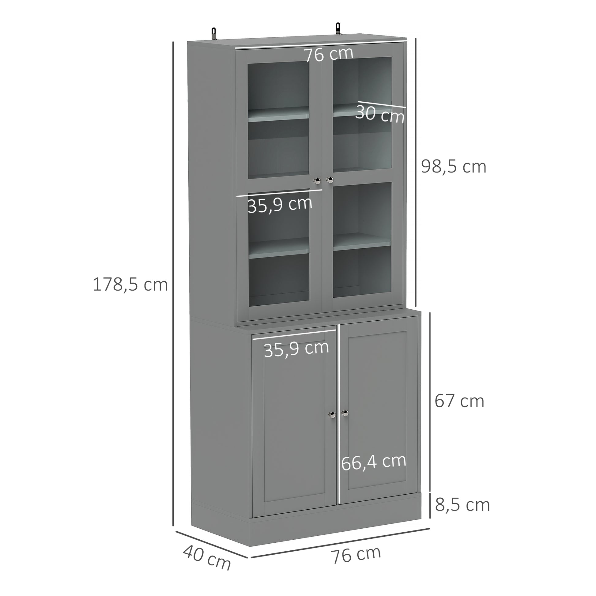 Bibliothèque vitrine, meuble de rangement à 6 niveaux avec 4 portes dont 2 en verre trempé, étagères réglables, gris