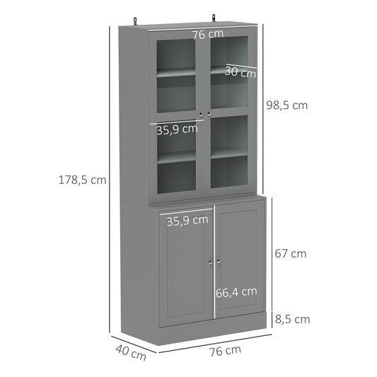 Bibliothèque vitrine, meuble de rangement à 6 niveaux avec 4 portes dont 2 en verre trempé, étagères réglables, gris