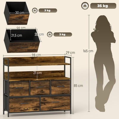 Commode, meuble de rangement, 5 tiroirs en tissu pliables et amovibles et étagères, 98 x 29 x 85 cm, brun rustique