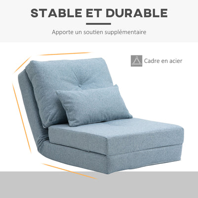 Chauffeuse canapé-lit convertible fauteuil 1 place avec 1 coussin avec dossier réglable, bleu