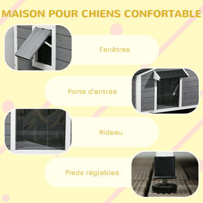 Niche chien style cottage - 2 fenêtres, porte, toit ouvrant bitumé - dim. 109 x 79 x 72 cm - bois sapin gris