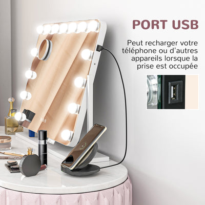 Miroir maquillage lumineux LED intensité réglable miroir grossissant port de charge USB, rotation à 360° 63 x 50 cm
