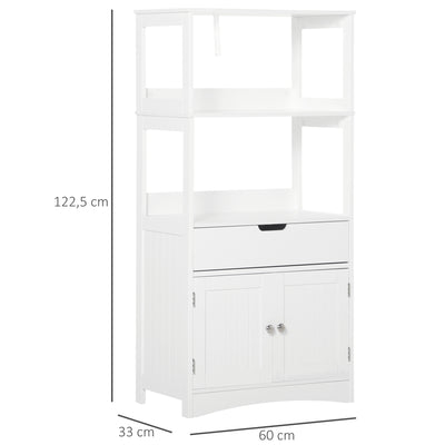 Meuble de Rangement Salle de Bain - 2 Portes, tiroir, 3 étagères - dim. 60L x 33l x 122H cm - MDF Blanc