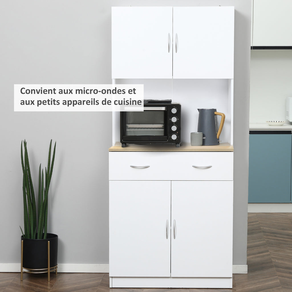 Buffet haut cuisine, armoire de cuisine, 4 portes, tiroir, plan de travail et étagères réglables, 80x40x180cm, blanc