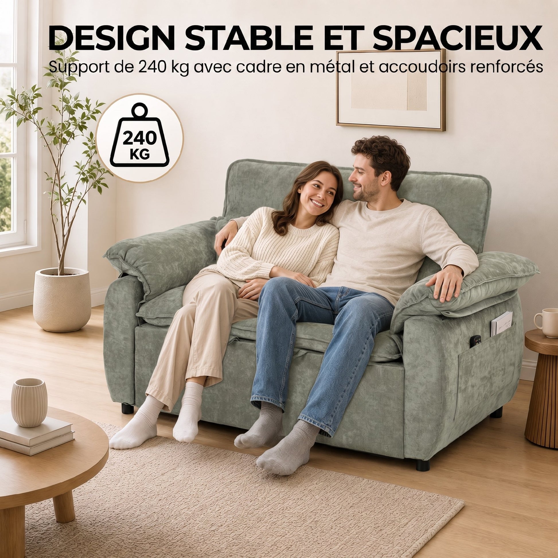 Canapé Convertible 2 Places, Canapé-Lit 3 en 1 Velours 137 cm, Dossier Réglable, Assise Large, 2 Oreillers, Vert