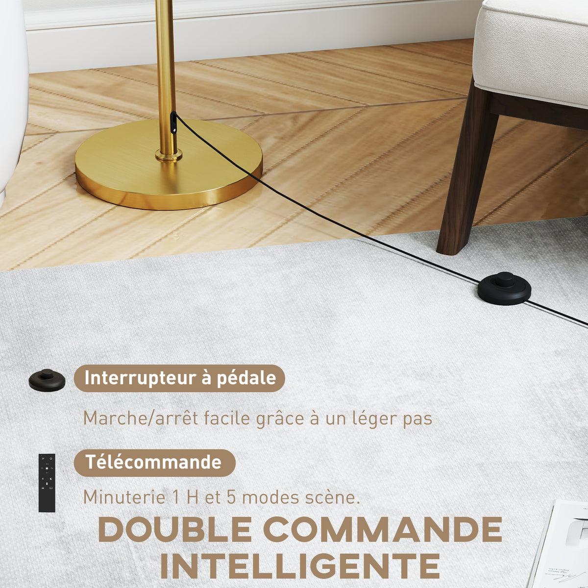 Lampadaire sur pied salon, lampe sur pied dimmable avec télécommande, abat-jour en lin, hauteur réglable 133-168cm, doré Aosom