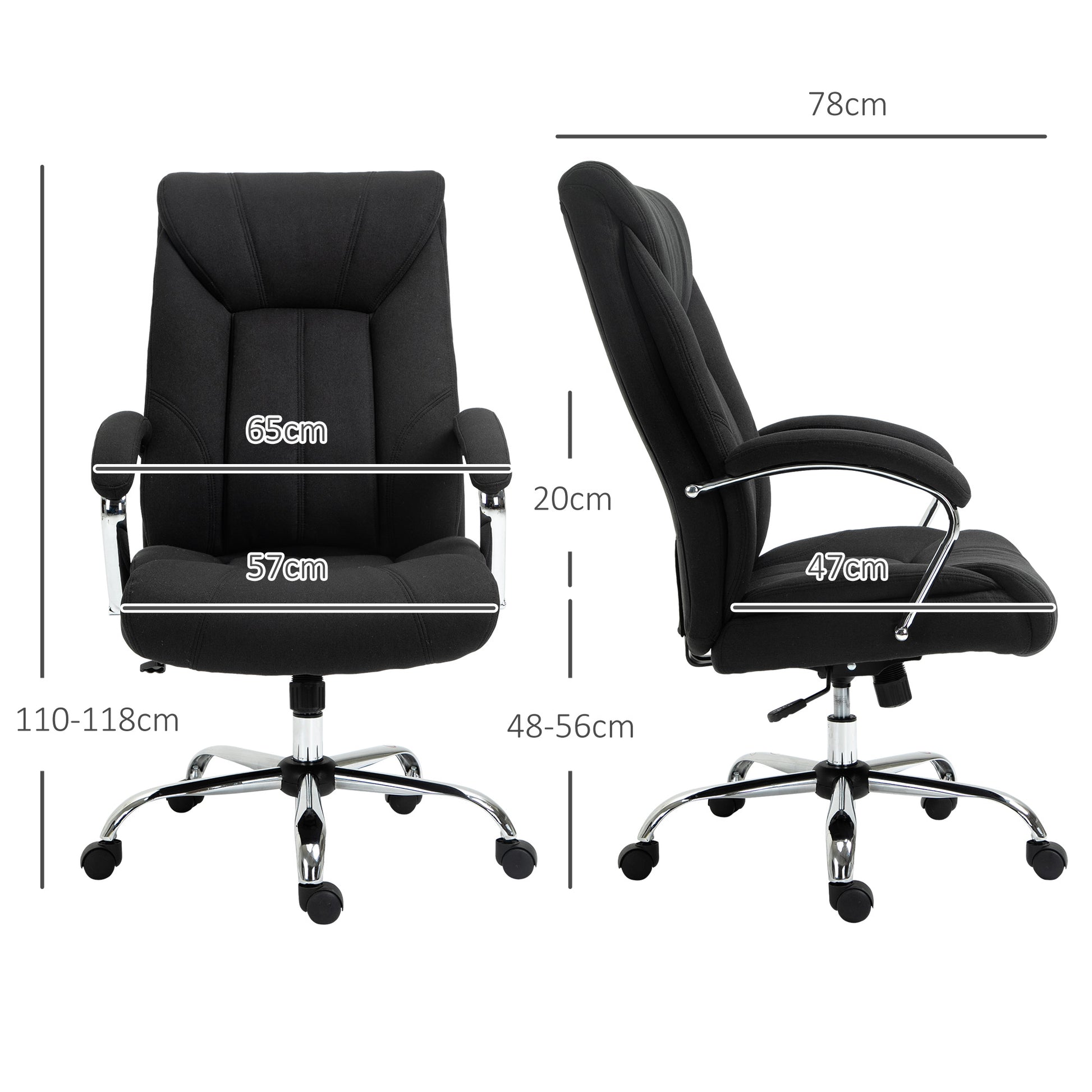 Fauteuil de bureau, chaise de bureau ergonomique, hauteur réglable, dossier haut, fonction de bascule, 65x78x118cm, noir