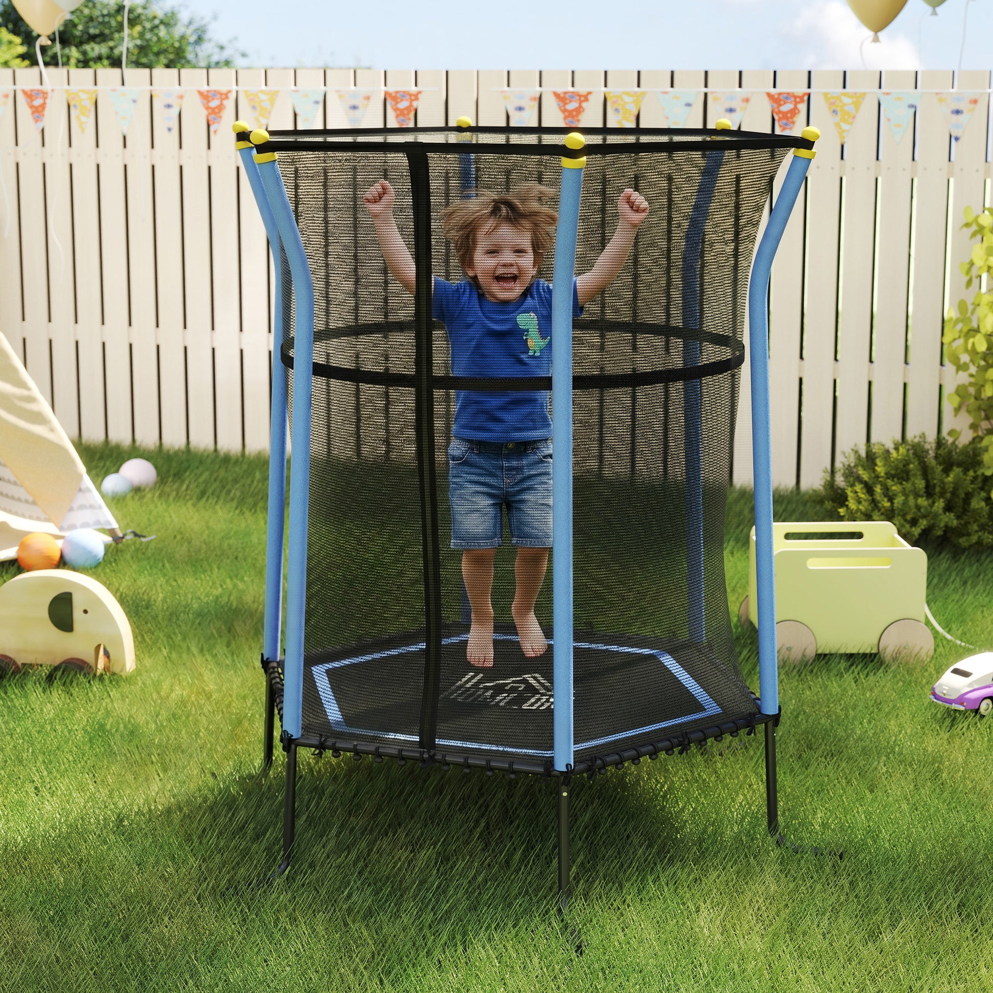 Trampoline pour enfant 1,22 x 1,11 x 1,9 m filet de sécurité porte zippée 6 poteaux rembourrés inclus bleu noir