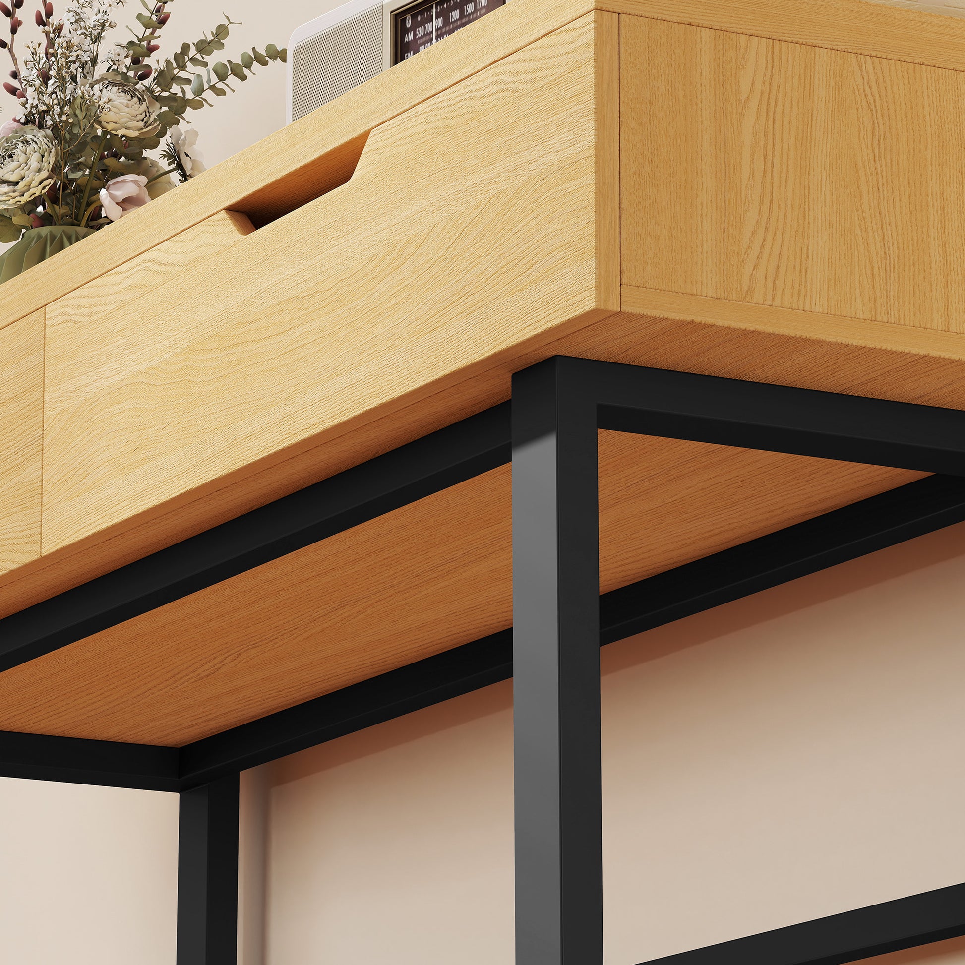 Console meuble 110 cm, table console étroite avec 2 tiroirs, cadre en métal et design sans poignées, bois naturel
