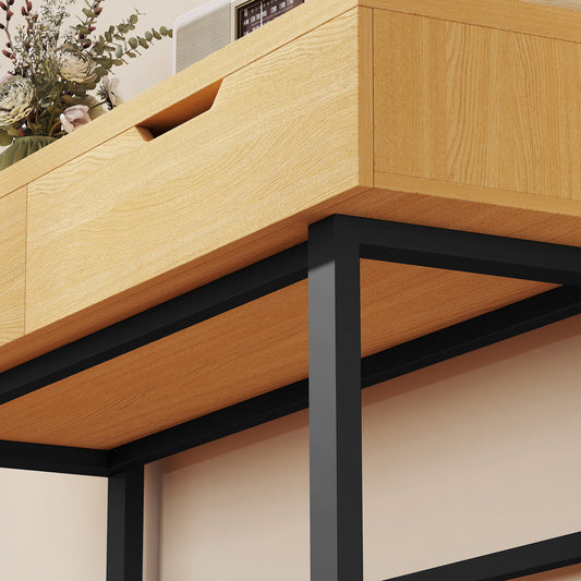 Console meuble 110 cm, table console étroite avec 2 tiroirs, cadre en métal et design sans poignées, bois naturel